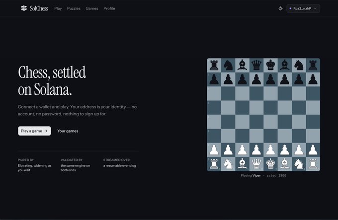 A dark-themed website for 'SolChess' with the tagline 'Chess, settled on Solana.' featuring a chessboard graphic and options to 'Play a game' or view 'Your games'.