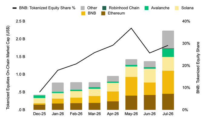 A bar chart displays Tokenized Equities On-Chain Market Cap from Dec-25 to Jul-26, showing growth across chains including BNB, Ethereum, Avalanche, Robinhood Chain, and Solana, with BNB's Tokenized Equity Share percentage peaking around May-26.