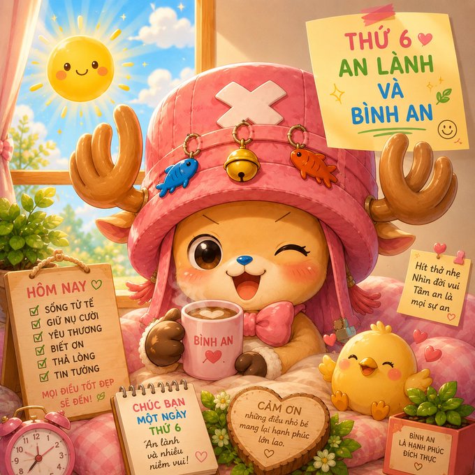 A cute cartoon illustration of a reindeer character wearing a pink hat and bow tie, holding a mug that says 'BÌNH AN', surrounded by cheerful notes with Vietnamese text including 'THỨ 6 AN LÀNH VÀ BÌNH AN', 'HÔM NAY SỐNG TỰ TẾ', and 'CHÚC BẠN MỘT NGÀY THỨ 6'.