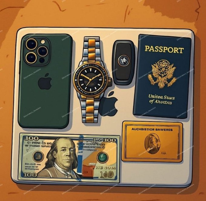 An illustrated flat-lay displays a green iPhone, a two-tone wristwatch, car keys, a U.S. passport marked "United States of America," a $100 bill, and a gold-colored card—visually echoing the post's celebration of making money in both dollars and crypto. The stacked items suggest an affluent, on-the-go lifestyle tied to financial success.