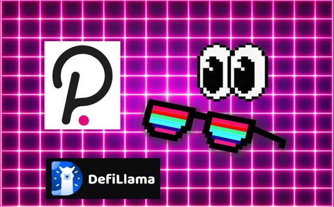 A neon pink grid background displaying the Polkadot logo, pixel art sunglasses with pride-flag lenses, and the 'DefiLlama' logo.