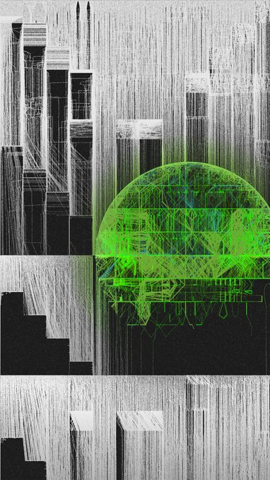 An abstract digital artwork featuring vertical black, white, and gray textured streaks with a vibrant neon green dome structure overlaid in the center.