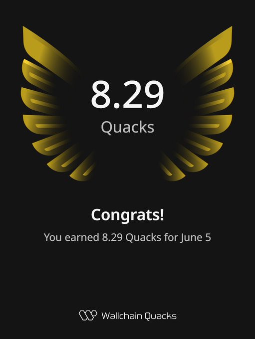 The image shows a poster or card with an illustration of a bird's wing design, which has the number "8.29 Quacks" written below it. The text indicates that the user has earned 8.29 Quacks for their efforts on the leaderboard. The poster also mentions that the user is now in the private community and that they can access this information by connecting to the private community.