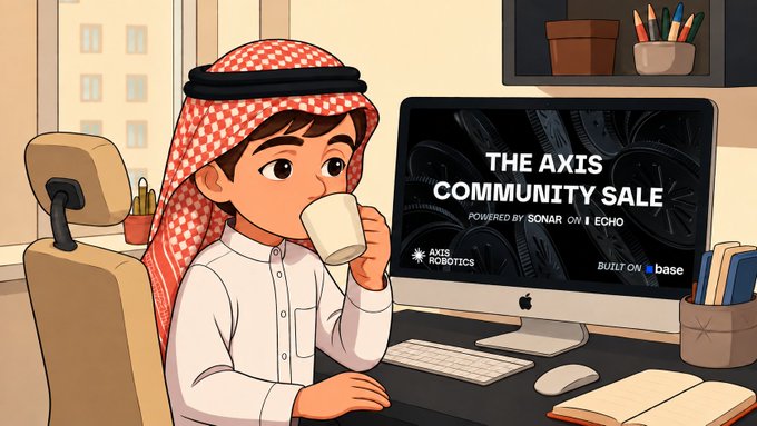 An illustrated cartoon of a boy in traditional Arab headdress drinking from a cup while sitting at a computer displaying "THE AXIS COMMUNITY SALE - POWERED BY SONAR ON ECHO" and "BUILT ON BASE" with Axis Robotics branding.