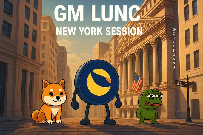 The image features a cartoon character of a dog sitting next to two cartoon characters - one representing a frog and another representing an American flag with an eagle on it. The caption reads "GM New York! #LUNCArmy, what's your focus this session?".