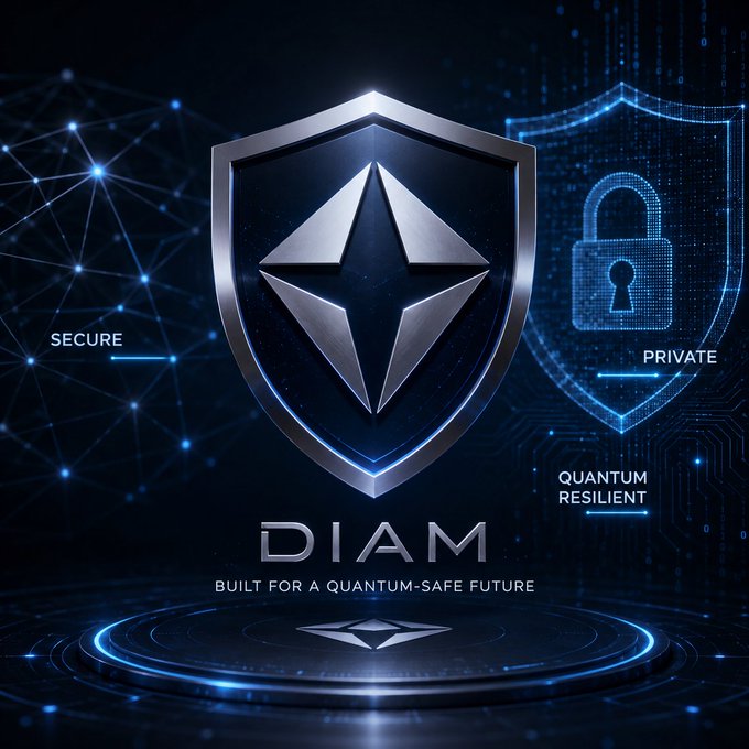 The image features a futuristic digital graphic showcasing the Diamante (DIAM) cryptocurrency, with a metallic shield bearing its logo at the center, surrounded by the labels "SECURE," "PRIVATE," and "QUANTUM RESILIENT," and the tagline "BUILT FOR A QUANTUM-SAFE FUTURE." This visual reinforces the post's message about prioritizing security and privacy in blockchain, highlighting @diamante_io's focus on protecting assets in an evolving crypto landscape beyond the hype of new chains and platforms like @RobinhoodApp.