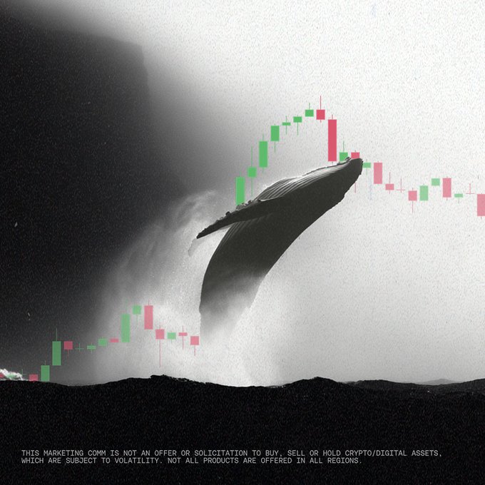 A black-and-white image shows a massive humpback whale breaching out of the water, with a green and red cryptocurrency candlestick chart overlaid across the scene and along its body. At the bottom, a disclaimer reads: "THIS MARKETING COMM IS NOT AN OFFER OR SOLICITATION TO BUY, SELL OR HOLD CRYPTO/DIGITAL ASSETS, WHICH ARE SUBJECT TO VOLATILITY. NOT ALL PRODUCTS ARE OFFERED IN ALL REGIONS."

The image visually reinforces the "Be the whale. Not the bait." message by depicting a powerful whale—crypto slang for large investors whose trades move the market—rising above the volatile candlestick chart, symbolizing dominance over the market rather than being swallowed by its swings.