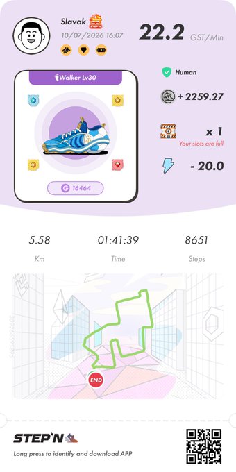 STEPN post-workout summary for user Slavak earning 22.2 GST/Min with a blue Walker Lv30 sneaker, showing 5.58 km, 01:41:39 time, 8651 steps, and a route map.