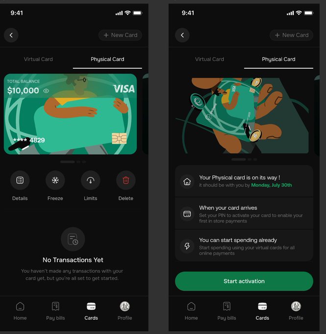 Two mobile app screenshots for a digital wallet showing a Visa card with a $10,000 balance and 'No Transactions Yet' on the left, and a 'Start activation' screen for a physical card shipping on Monday, July 30th on the right.