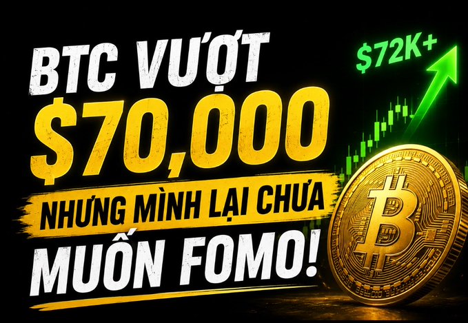 A promotional graphic with text reading 'BTC VƯỢT $70,000', 'NHỮNG MINH LẠI CHƯA MUỐN FOMO!', and '$72K+' next to a gold Bitcoin and a green upward arrow.