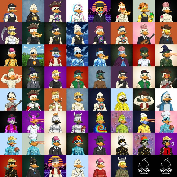 A grid of numerous cartoon duck characters in various costumes, outfits, and colors, each displayed in its own colored square.
