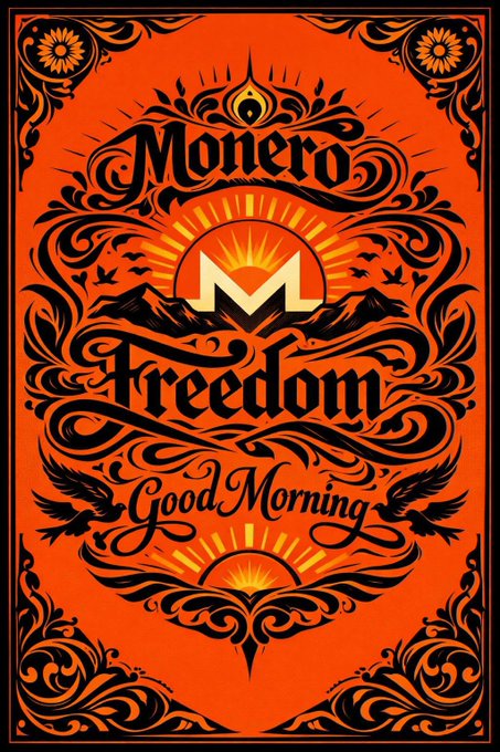 An ornate orange and black decorative poster featuring the Monero cryptocurrency 'M' logo with the text 'Monero Freedom Good Morning' in elaborate calligraphy.