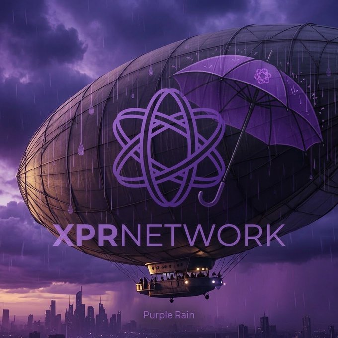 A purple-toned promotional image for XPRNETWORK featuring an airship with a purple umbrella, an atom-like logo, and raindrops, with the text 'Purple Rain' at the bottom.