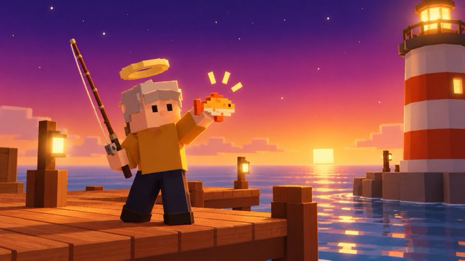 A 3D pixel-style illustration showing a blocky character with a halo holding a fishing rod and a goldfish on a wooden dock at sunset, with a red and white striped lighthouse in the background.
