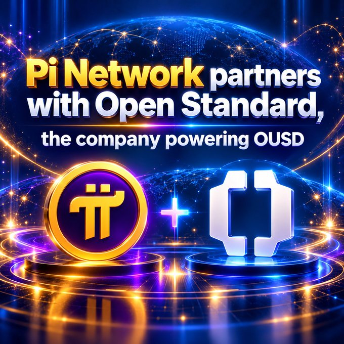 The image is a stylized promotional graphic announcing the partnership between Pi Network and Open Standard. It features bold text reading "Pi Network partners with Open Standard, the company powering OUSD," alongside the two companies' logos set against a futuristic blue and gold globe background with glowing light effects.