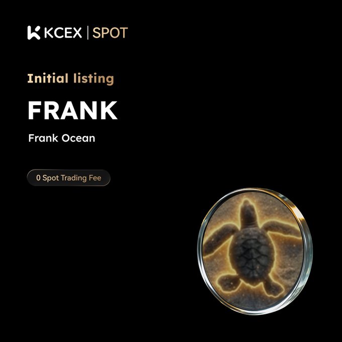 A promotional graphic from KCEX | SPOT announcing an Initial listing of 'FRANK' by Frank Ocean with 0 Spot Trading Fee, featuring a golden turtle medallion.
