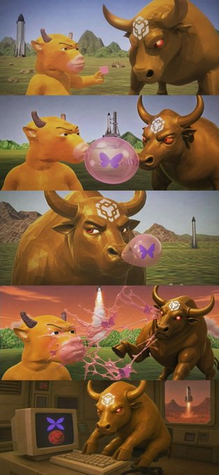 A sequence of five illustrated panels shows a yellow cow and a brown bull interacting with a pink bubble containing a butterfly-like symbol, culminating in a rocket launch and the bull using a computer.
