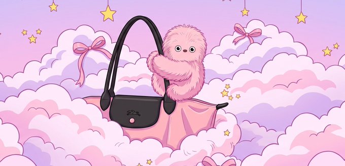 A cute illustration of a fluffy pink creature sitting inside a pink and black handbag, set against a dreamy background of pink and purple clouds decorated with stars and ribbons.