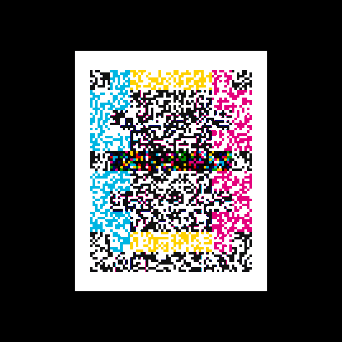 A pixelated QR code features a stylized portrait composed of colorful blocks in cyan, yellow, black, and magenta tones against a black background.