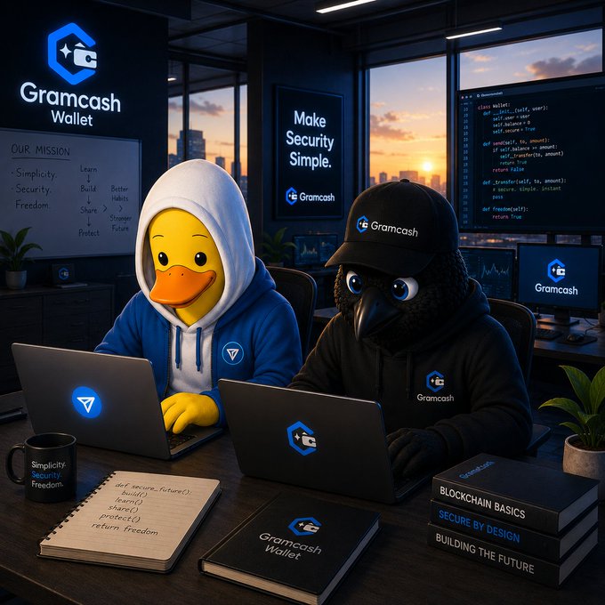 The image features two cartoon ducks sitting at a desk, each using a laptop computer. They are wearing hoodies with "gram cash" written on them. There are also books scattered around the desk, suggesting that they might be working on some sort of project or studying together. The background shows a window overlooking a city skyline, adding an urban touch to the scene. The post reads: "Gram morning fam".