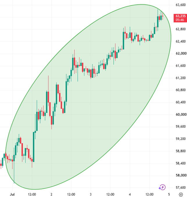 A Bitcoin price candlestick chart showing an upward trend from around $57,600 to $63,235 over July 1-5, circled in green to highlight the gains.