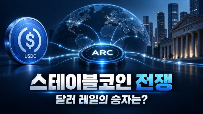 A promotional graphic featuring USDC and ARC tokens with a globe and bank building, with Korean text reading '스테이블코인 전쟁 탈러 레일의 승자는?' (Stablecoin War - Who wins the dollar rail?).