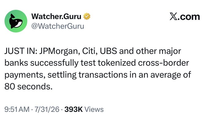 A tweet from @WatcherGuru reports that JPMorgan, Citi, UBS, and other major banks successfully tested tokenized cross-border payments, settling transactions in an average of 80 seconds, aligning with the post's claim that this efficiency points to XRP Ledger technology.