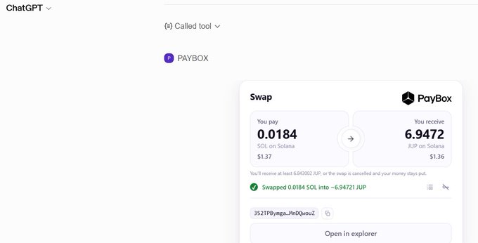 A ChatGPT interface showing a completed swap transaction through PayBox, exchanging 0.0184 SOL for 6.9472 JUP on Solana.