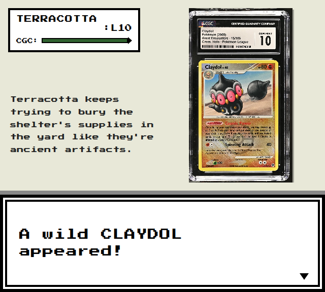 A mock Pokémon-style battle screen featuring Terracotta, an original Pokémon named CLAYDOL, with dialogue about burying shelter supplies and a wild Claydol appearing.