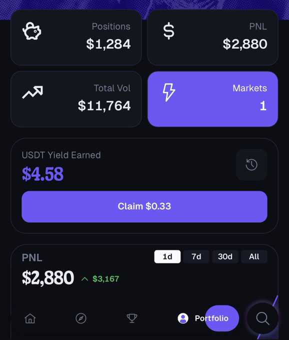 The image shows an advertisement for a new cryptocurrency called predictdot fun (Predict Dot Fun) that has been listed for sale at $0.58 per token. A user can claim $0.39, but this will only apply if they invest in the coin and hold it long enough before claiming it. The advertisement is shown on a phone screen with various icons like a dollar sign symbolizing the cryptocurrency's value or a USDT (United States Dollar) symbol, which signifies that it has been listed for sale at $0.58 worth of USDS. A portfolio button next to this claim indicates that the coin can be used as leverage for trading in the crypto market.