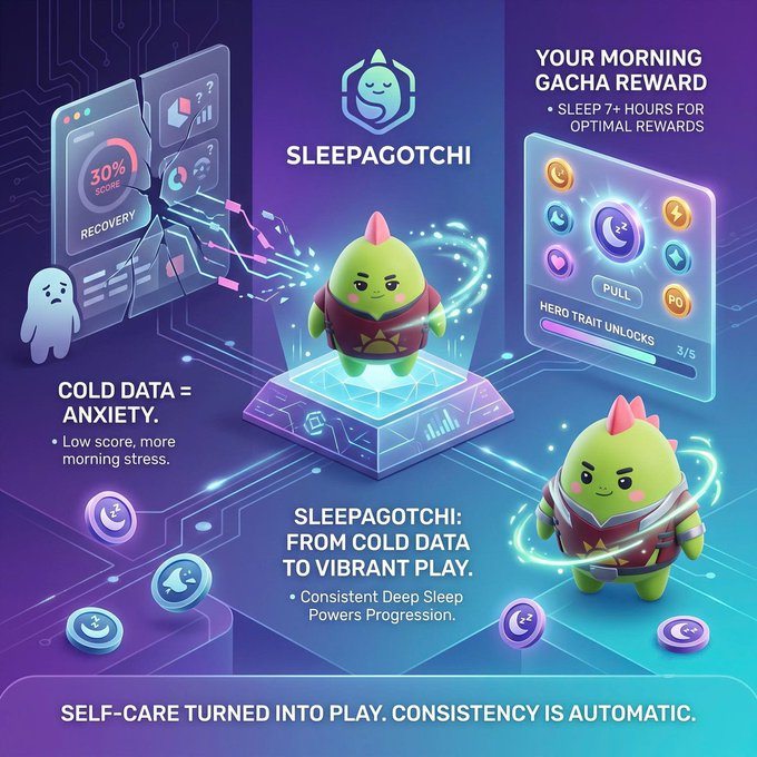 A digital advertisement for 'SLEEPAGOTCHI' features a green creature character on a glowing platform, with text 'YOUR MORNING GACHA REWARD', 'COLD DATA = ANXIETY.', and 'SELF-CARE TURNED INTO PLAY. CONSISTENCY IS AUTOMATIC.'