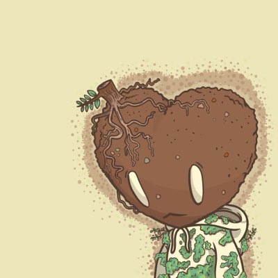 A digital illustration of a character with a heart-shaped head made of dark soil, featuring exposed roots and a small plant sprouting from the top, wearing a green and white patterned hoodie.