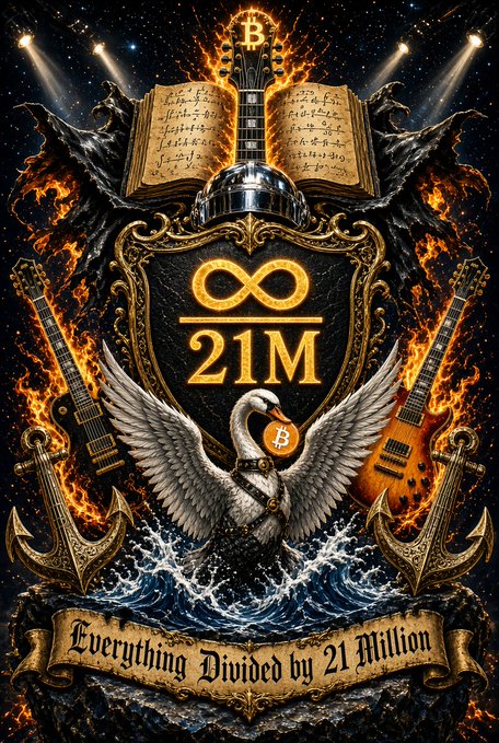 A dramatic dark fantasy illustration featuring a Bitcoin 'B' logo, a shield with '∞ / 21M', a swan with a Bitcoin medallion, guitars, sheet music, and a banner reading 'Everything Divided by 21 Million'.