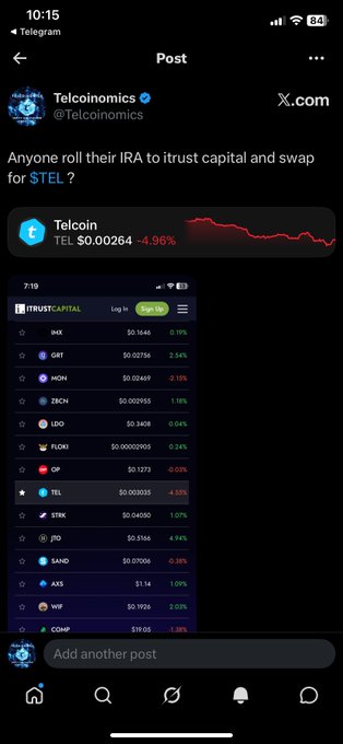 The image shows a phone screen with an overlay of a social media platform. On this platform, there are several posts about cryptocurrencies. The most prominent of these is a tweet posted by Teleconsomics, which reads: "Anyone roll their IRA to ITLIT capital and swap for STEL?". The other tweets in the overlay provide information on various cryptocurrency projects and exchanges. It appears that the user has posted this message using a hashtag (#TEL), possibly to discuss or promote these cryptocurrency projects and exchanges. The focus of the post is on the potential risks and rewards associated with investing in ICOs ( Initial Coin Offers) or other cryptocurrencies, as they can be highly speculative or yield substantial returns.