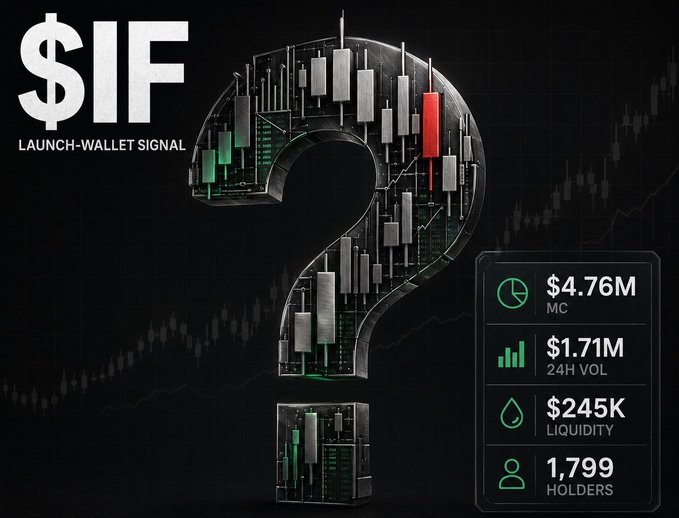 A promotional graphic for the memecoin $IF (titled "LAUNCH-WALLET SIGNAL") features a large question mark filled with candlestick chart imagery against a dark background, alongside a metrics panel displaying a $4.76M market cap, $1.71M 24H volume, $245K liquidity, and 1,799 holders. The image visually reinforces the post's claim of $IF's 70% surge, with the displayed trading volume and market cap closely matching the figures cited in the breaking news about the Robinhood Chain memecoin.