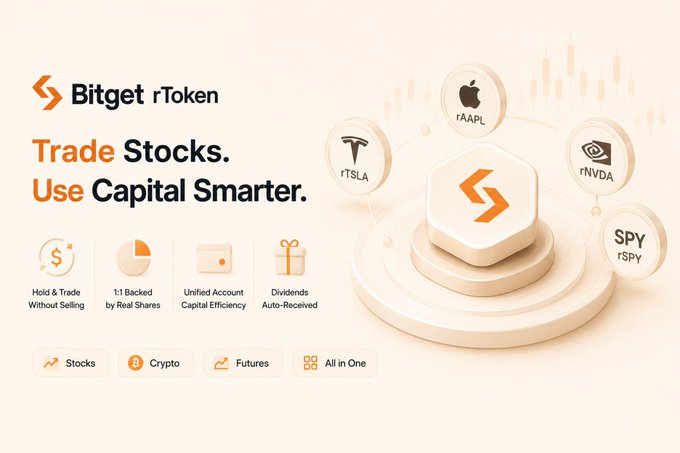 A promotional graphic for 'Bitget rToken' with the tagline 'Trade Stocks. Use Capital Smarter.' featuring icons for rAAPL, rTSLA, rNVDA, and rSPY, plus features like 'Hold & Trade Without Selling' and '1:1 Backed by Real Shares'.