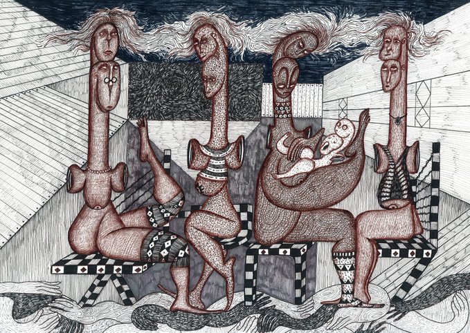 A surreal ink and watercolor illustration featuring elongated figures with multiple faces stacked atop their heads, seated on checkered benches in a stylized interior.
