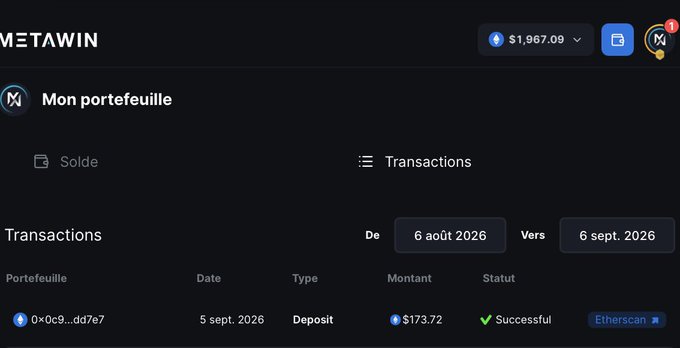 A Metawin (METAWIN) cryptocurrency wallet interface in French showing 'Mon portefeuille' with a balance of $1,967.09 and a successful deposit transaction of $173.72 dated September 5, 2026.