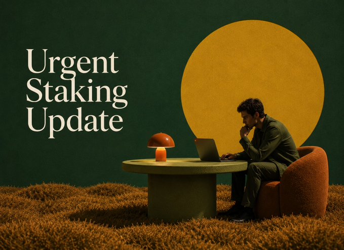A stylized promotional image titled 'Urgent Staking Update' showing a man in a green suit sitting at a round table with a laptop, a mushroom lamp, and a large yellow sun/moon in the background.