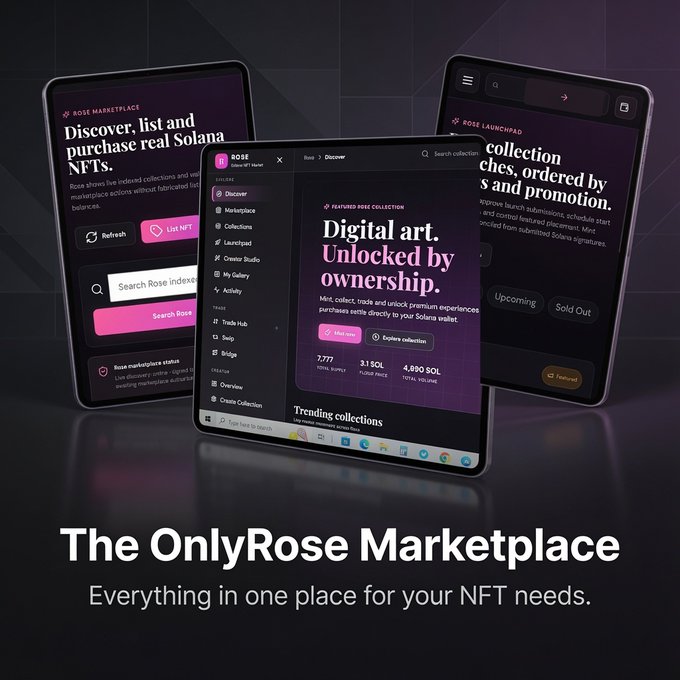 A promotional graphic showcases 'The OnlyRose Marketplace' with the tagline 'Everything in one place for your NFT needs,' displaying tablet mockups of the digital art platform featuring collections and Solana NFT purchases.