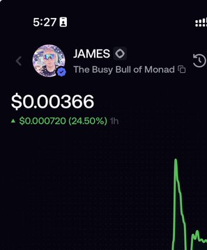 A mobile app screenshot showing a token named 'JAMES - The Busy Bull of Monad' priced at $0.00366, up $0.000720 (24.50%) in 1 hour, with a price chart visible at the bottom.