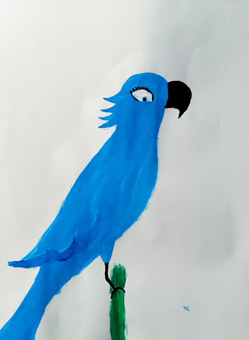 A child-like painting of a blue parrot or bird with a black beak perched on a green branch, rendered in a simple, expressive style on a white background.