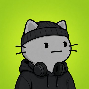 A cartoon cat character wearing a black beanie and hoodie with headphones around its neck, set against a bright green background—matching the relaxed, casual aesthetic suggested by the "TABBY 隨性 NFT 系列" (TABBY Casual NFT Collection).