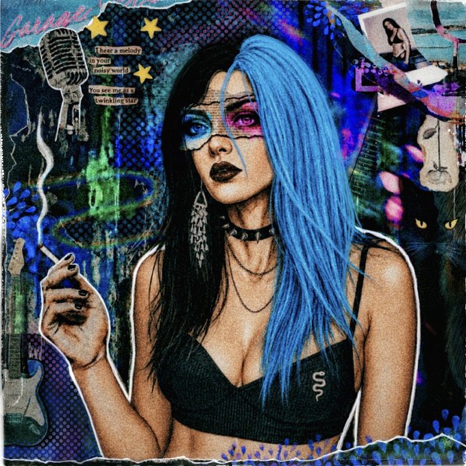 A moody mixed-media collage featuring a blue-haired woman in a black top smoking a cigarette, surrounded by vivid blue and pink spray-paint textures, stars, a vintage microphone, a black cat, and the text snippets "Barbie," "I hear a melody in your noisy world," and "You see me as a twinkling star." The grunge, music-themed aesthetic ties into the #TezosTuesday post by showcasing a one-of-a-kind (1/1) NFT artwork being promoted for sale.