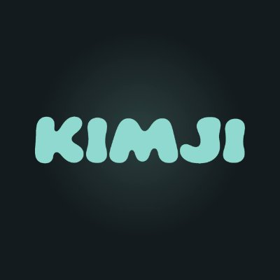 A playful, bubbly teal-colored logo for "KIMJI" displayed on a dark background.