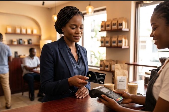 A woman in a navy blazer uses a Visa card at a coffee shop counter while a barista holds a payment terminal, with bags of 'Artisan Coffee' displayed on shelves.
