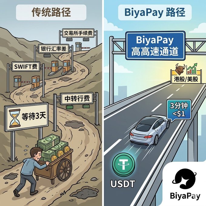The image shows a cartoon illustration of two roads, one labeled "Swift" with a man riding a cart down the road, and another labeled "Biyapay" with a car driving down the road. The Swift road has a man on a cart carrying money, while the Biyapay road features a car driving past a sign that says "Biyapay". The image also includes text in both English and Chinese, which might be related to the post about Bitcoin or cryptocurrency trading.