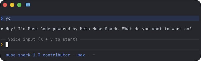 A terminal interface identical to Image 2, for 'muse-spark-1.3-contributor', displaying the prompt 'yo' and the response 'Hey! I'm Muse Code powered by Meta Muse Spark. What do you want to work on?'.