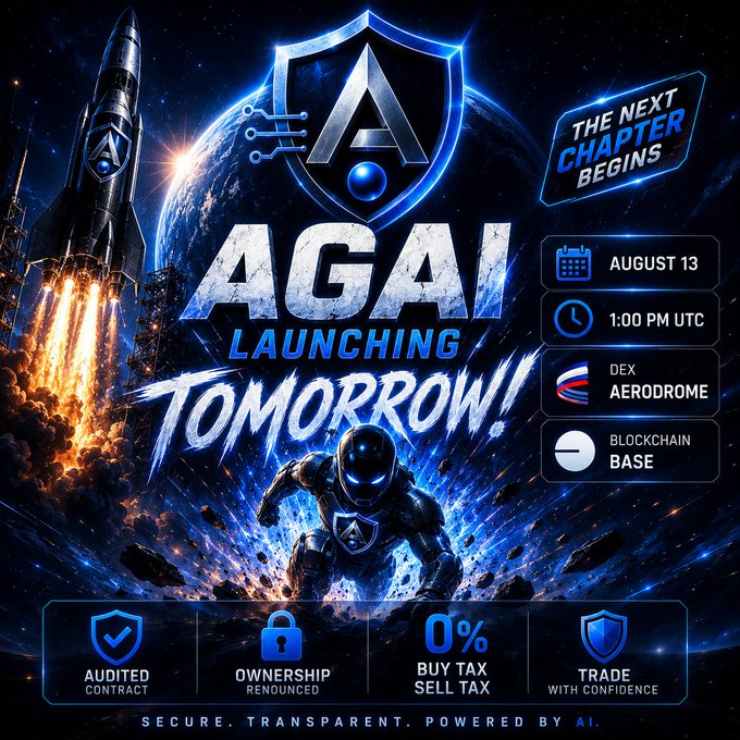 A promotional graphic for 'AGA AI' announcing a launch 'TOMORROW!' on 'AUGUST 13' at '1:00 PM UTC' on the 'DEX AERODROME' on 'BLOCKCHAIN BASE', featuring an astronaut and a rocket.