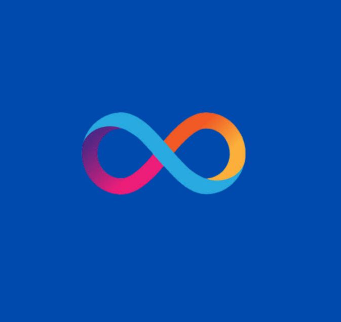 A colorful infinity symbol with a gradient of pink, purple, blue, and orange is displayed on a solid blue background.